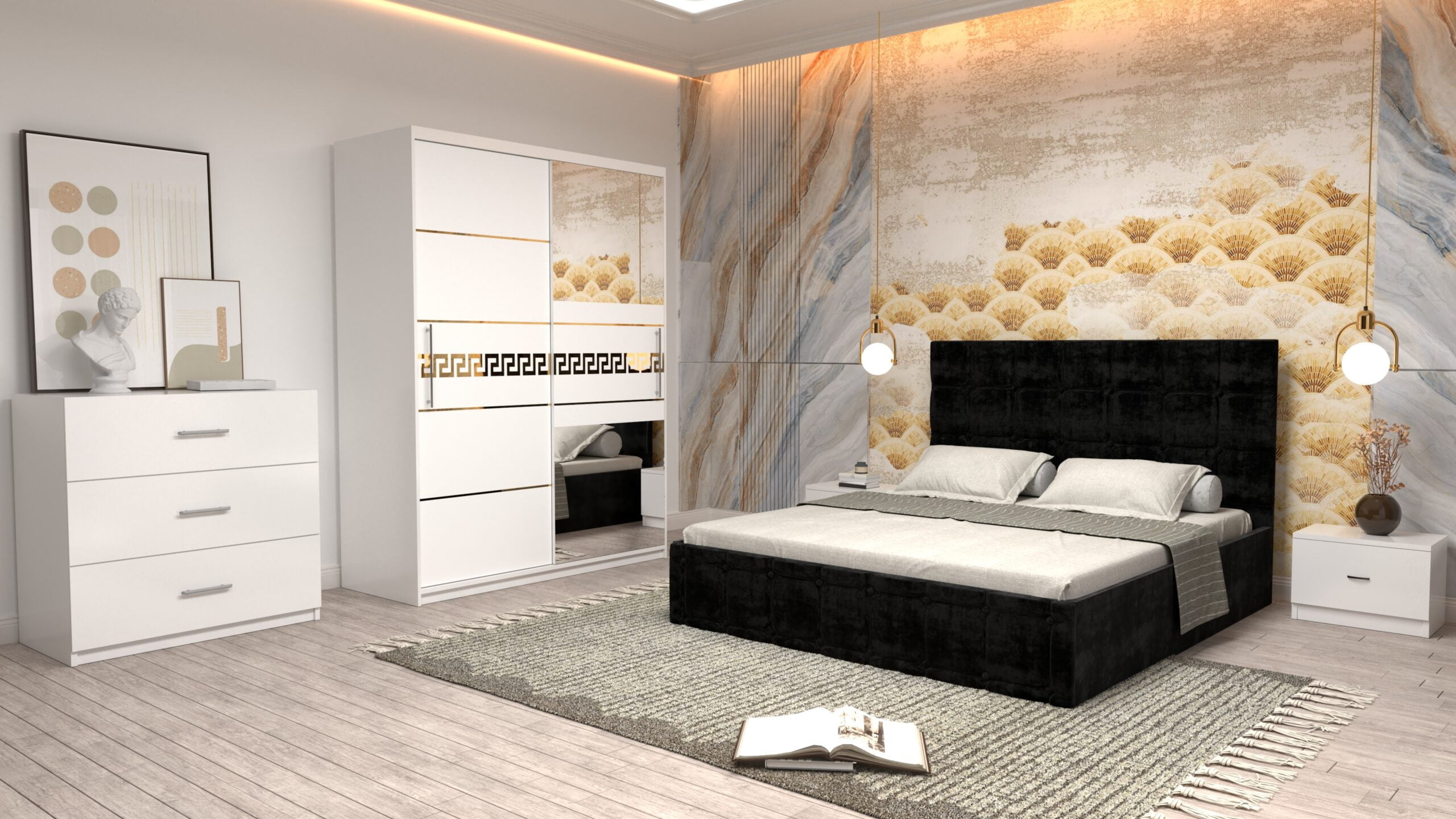n19-scaled-1.jpg Dormitor Regal cu Pat Matrimonial Negru Stofa Dulap Gold usi glisante 150 x 200 cm Alb cu usi Albe Cu Oglinda Noptiere si comoda TV - imagine 1