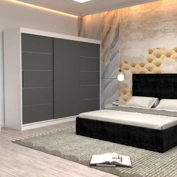 Dormitor Regal cu Pat Matrimonial Negru Stofa Dulap usi glisante 250 x 200 cm Alb cu usi Gri Fara Oglinda Noptiere si comoda TV