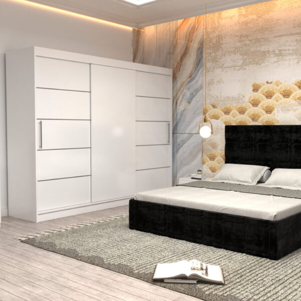 Dormitor Regal cu Pat Matrimonial Negru Stofa Dulap usi glisante 250 x 200 cm Alb cu usi Albe Fara Oglinda Noptiere si comoda TV