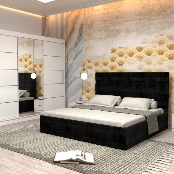Dormitor Regal cu Pat Matrimonial Negru Stofa Dulap usi glisante 250 x 200 cm Alb cu usi Albe Cu Oglinda si Noptiere