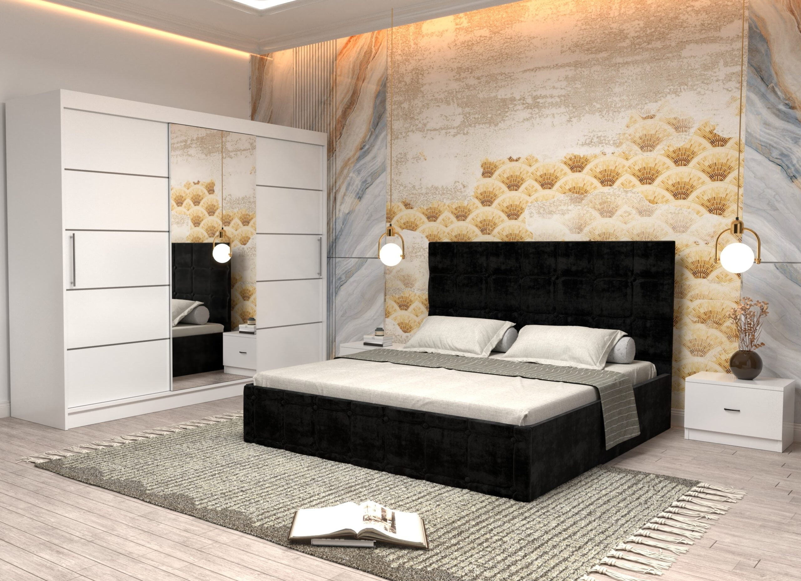 negru-1-scaled-1.jpg Dormitor Regal cu Pat Matrimonial Negru Stofa Dulap usi glisante 250 x 200 cm Alb cu usi Albe Cu Oglinda si Noptiere - imagine 1