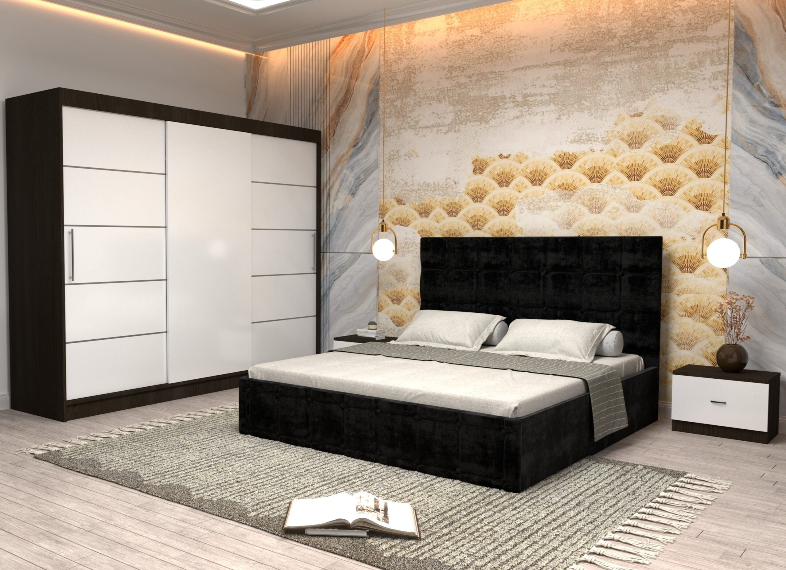 negru-15-scaled-1.jpg Dormitor Regal cu Pat Matrimonial Negru Stofa Dulap usi glisante 250 x 200 cm Wenghe cu usi Albe Fara Oglinda si Noptiere - imagine 1