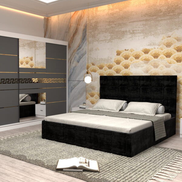 Dormitor Regal cu Pat Matrimonial Negru Stofa Dulap Gold usi glisante 250 x 200 cm Alb cu usi Gri cu Oglinda si Noptiere