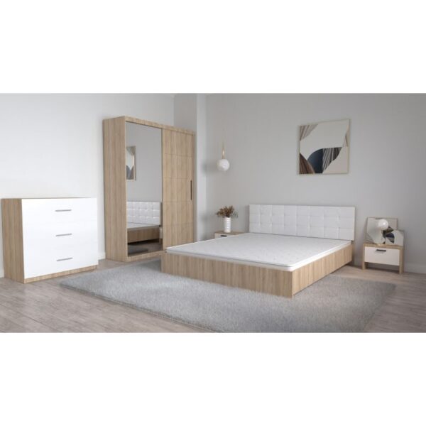 Set Dormitor Coral Stejar Sonoma cu tablie tapitata Alba Dressing 2 usi glisante cu oglinda Noptiere si Comoda TV 3 sertare