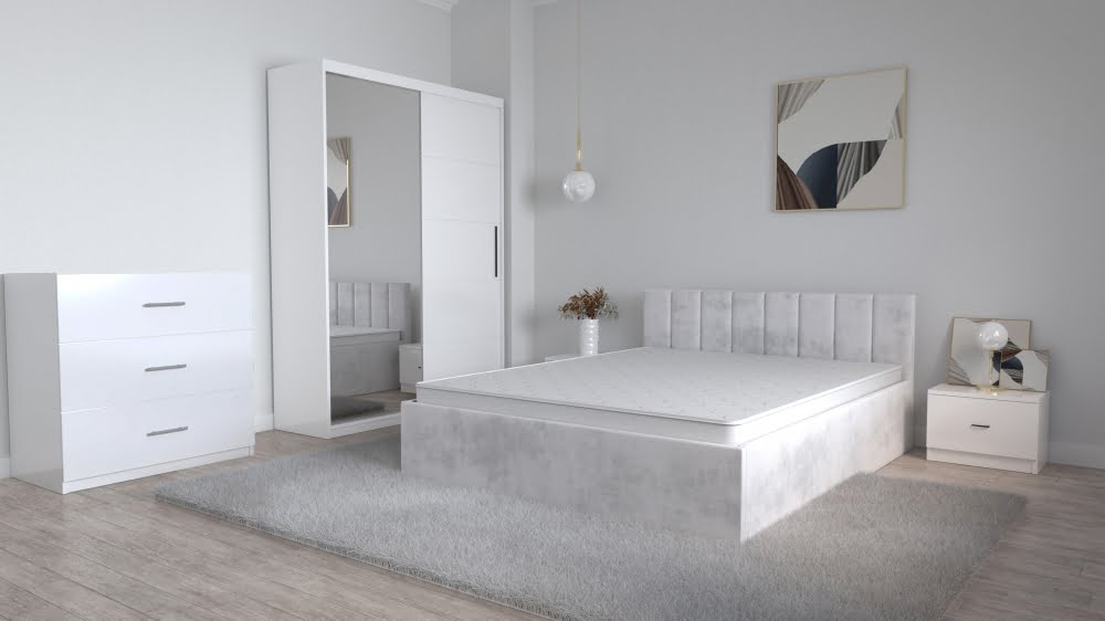 set-dormitor-oliver-alb-cu-pat-tapitat-alb-dulap-lorena-4-usi-noptiere-si-comoda-tv-3-sertare-1.jpg Set Dormitor Oliver Alb cu Pat tapitat Alb Dressing 2 usi glisante cu oglinda Noptiere si Comoda TV 3 sertare - imagine 1