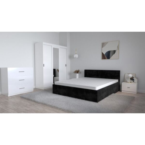 Set Dormitor Oliver Alb cu pat tapitat Negru Dressing 3 usi glisante cu oglinda Noptiere si Comoda TV 3 sertare