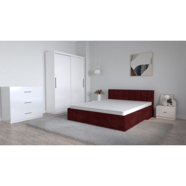 Set Dormitor Oliver Alb cu pat tapitat Visiniu Dressing 2 usi glisante fara oglinda Noptiere si Comoda TV 3 sertare