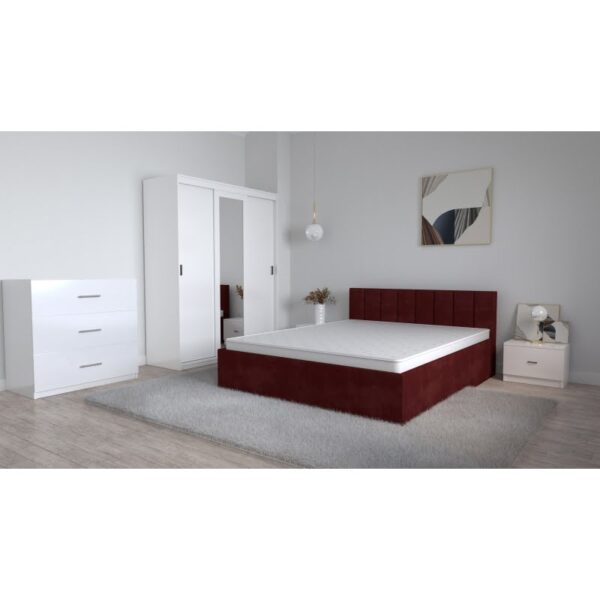 Set Dormitor Oliver Alb cu pat tapitat Visiniu Dressing 3 usi glisante cu oglinda Noptiere si Comoda TV 3 sertare