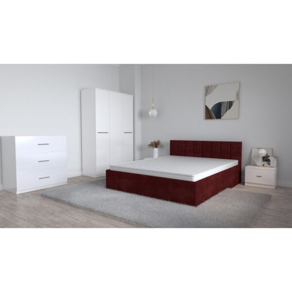 Set Dormitor Oliver Alb cu pat tapitat Visiniu Dulap Lorena 3 usi Noptiere si Comoda TV 3 sertare