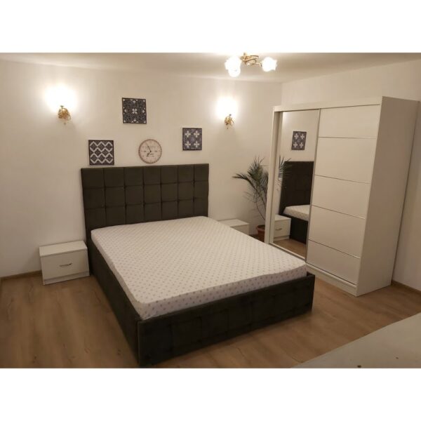 Set Dormitor Regal cu Pat Tapitat Verde din stofa Dulap Gabriel 2 usi glisante cu oglinda