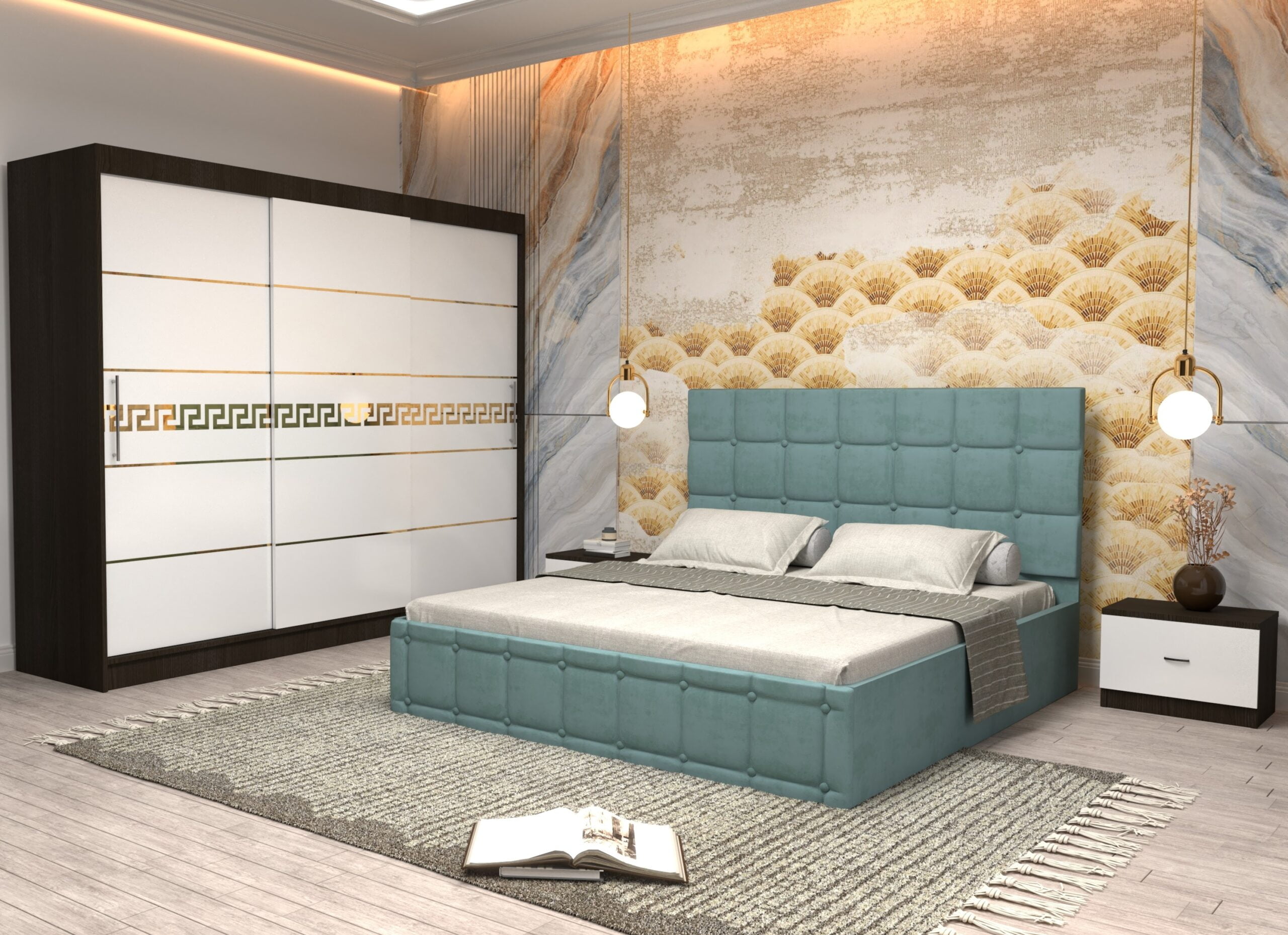 turc-12-scaled-1.jpg Dormitor Regal cu Pat Matrimonial Turcoaz Stofa Dulap Gold usi glisante 250 x 200 cm Wenghe cu usi Albe Fara Oglinda si Noptiere - imagine 1