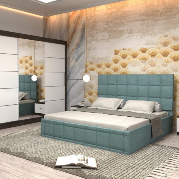 Dormitor Regal cu Pat Matrimonial Turcoaz Stofa Dulap usi glisante 250 x 200 cm Wenghe cu usi Albe Cu Oglinda si Noptiere