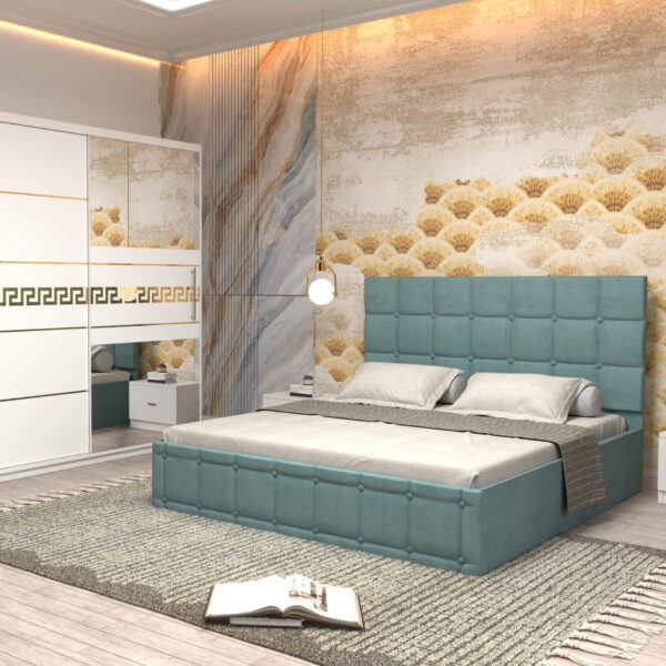 Dormitor Regal cu Pat Matrimonial Turcoaz Stofa Dulap Gold usi glisante 200 x 200 cm Alb cu usi Albe Cu Oglinda si Noptiere