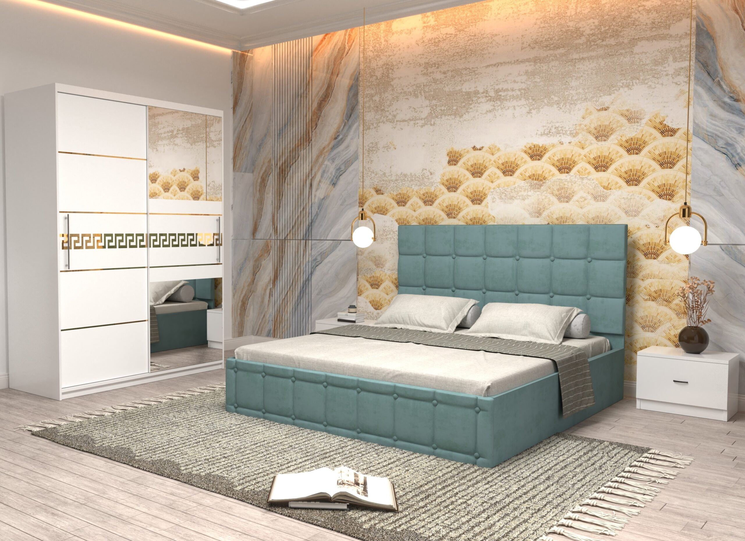 turc-19-scaled-1.jpg Dormitor Regal cu Pat Matrimonial Turcoaz Stofa Dulap Gold usi glisante 150 x 200 cm Alb cu usi Albe Cu Oglinda si Noptiere - imagine 1