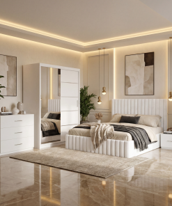 Dormitor Adela Alb Cu Pat Tapitat Dressing 150 Comoda Si 2 Noptiere