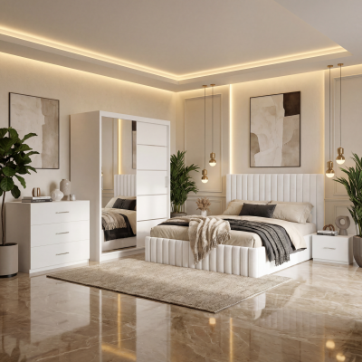 Dormitor Adela Alb Cu Pat Tapitat Dressing 150 Comoda Si 2 Noptiere