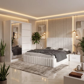 Dormitor Adela Alb Cu Pat Tapitat Dressing 150 Si 2 Noptiere