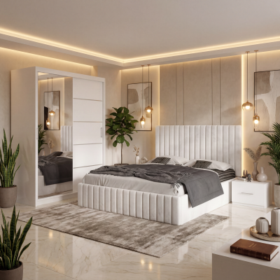 Dormitor Adela Alb Cu Pat Tapitat Dressing 150 Si 2 Noptiere