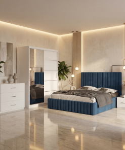 Dormitor Adela Albastru Cu Pat Tapitat Dressing 150 Comoda Si 2 Noptiere