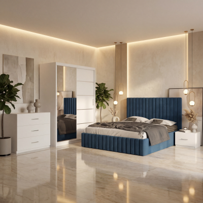 Dormitor Adela Albastru Cu Pat Tapitat Dressing 150 Comoda Si 2 Noptiere