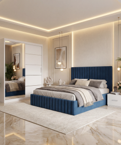 Dormitor Adela Albastru Cu Pat Tapitat Dressing 150 Si 2 Noptiere