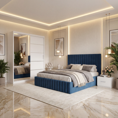 Dormitor Adela Albastru Cu Pat Tapitat Dressing 150 Si 2 Noptiere