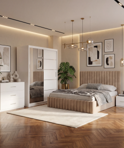 Dormitor Adela Crem Cu Pat Tapitat Dressing 150 Comoda Si 2 Noptiere