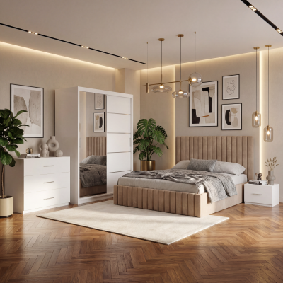 Dormitor Adela Crem Cu Pat Tapitat Dressing 150 Comoda Si 2 Noptiere