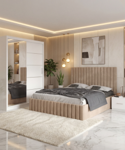 Dormitor Adela Crem Cu Pat Tapitat Dressing 150 Si 2 Noptiere