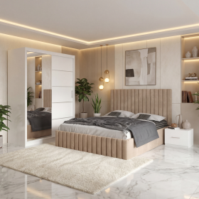 Dormitor Adela Crem Cu Pat Tapitat Dressing 150 Si 2 Noptiere