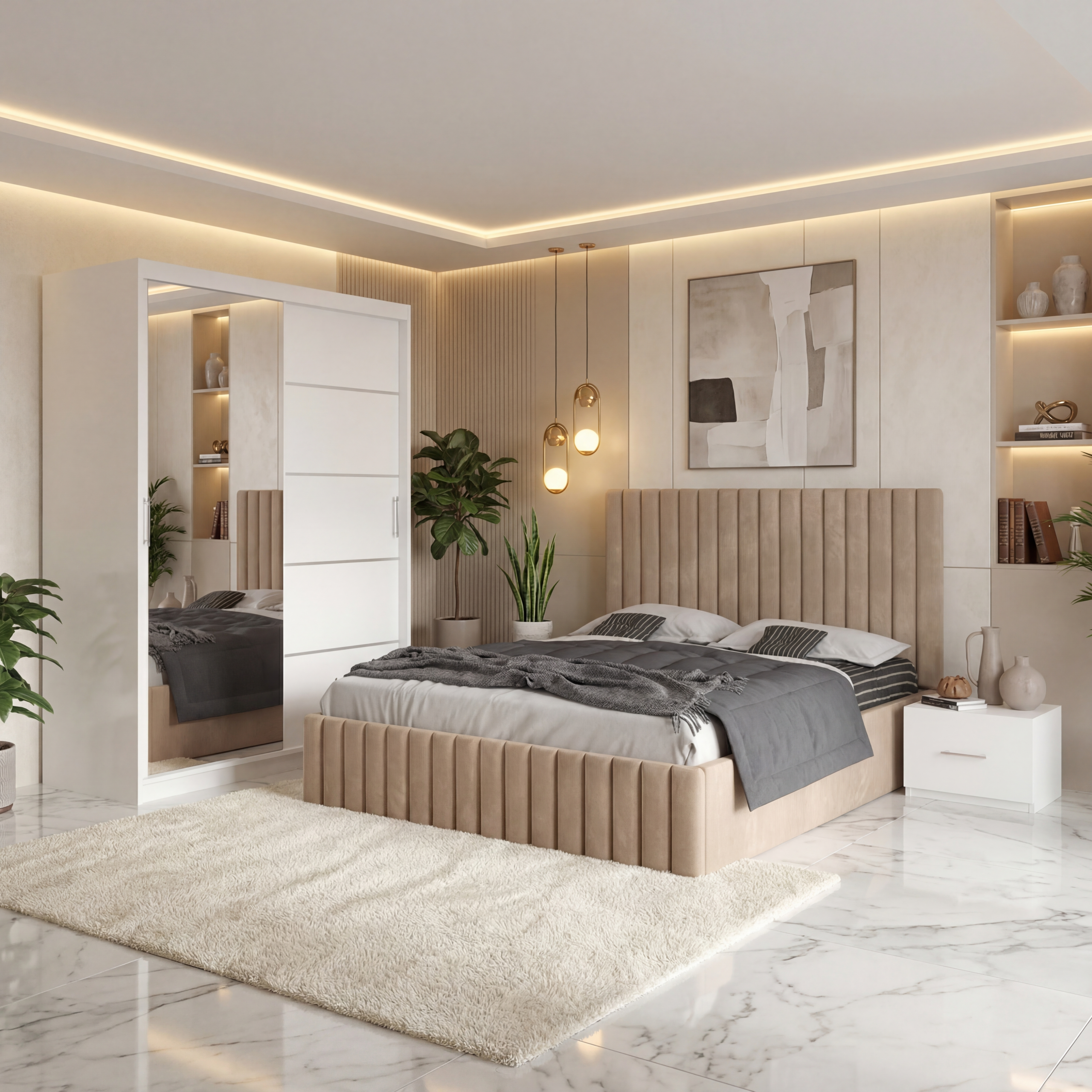 Dormitor Adela Crem Cu Pat Tapitat Dressing 150 Si 2 Noptiere