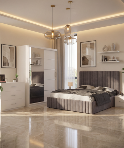 Dormitor Adela Gri Cu Pat Tapitat Dressing 150 Comoda Si 2 Noptiere