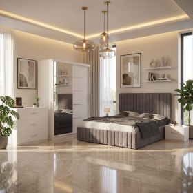 Dormitor Adela Gri Cu Pat Tapitat Dressing 150 Comoda Si 2 Noptiere