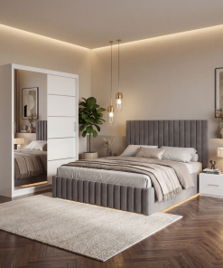 Dormitor Adela Gri Cu Pat Tapitat Dressing 150 Si 2 Noptiere