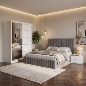 Dormitor Adela Gri Cu Pat Tapitat Dressing 150 Si 2 Noptiere