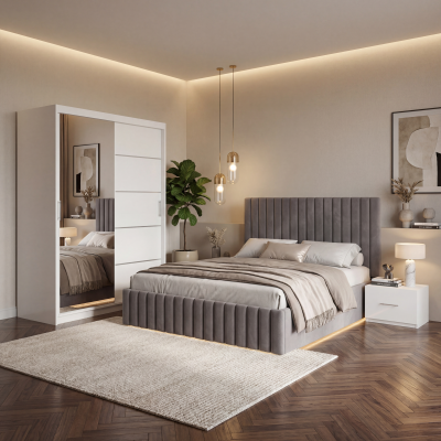 Dormitor Adela Gri Cu Pat Tapitat Dressing 150 Si 2 Noptiere