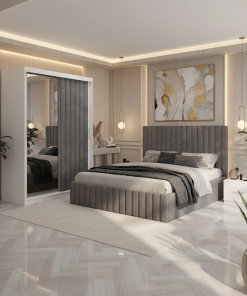 Dormitor Adela Gri cu Dressing Tapitat