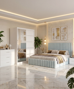 Dormitor Adela Lemon Cu Pat Tapitat Dressing 150 Comoda Si 2 Noptiere