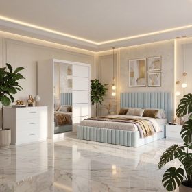 Dormitor Adela Lemon Cu Pat Tapitat Dressing 150 Comoda Si 2 Noptiere