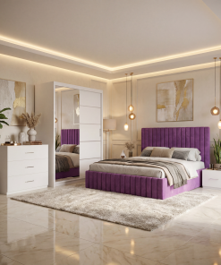 Dormitor Adela Mov Cu Pat Tapitat Dressing 150 Comoda Si 2 Noptiere