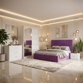 Dormitor Adela Mov Cu Pat Tapitat Dressing 150 Comoda Si 2 Noptiere