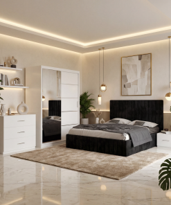 Dormitor Adela Roz Cu Pat Tapitat Dressing 150 Comoda Si 2 Noptiere