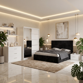 Dormitor Adela Negru Cu Pat Tapitat Dressing 150 Comoda Si 2 Noptiere