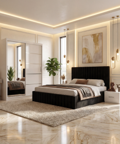 Dormitor Adela Negru Cu Pat Tapitat Dressing 150 Si 2 Noptiere