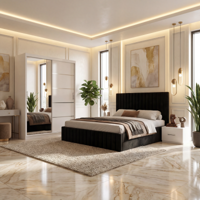 Dormitor Adela Negru Cu Pat Tapitat Dressing 150 Si 2 Noptiere