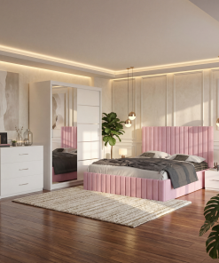 Dormitor Adela Roz Cu Pat Tapitat Dressing 150 Comoda Si 2 Noptiere