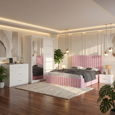 Dormitor Adela Roz Cu Pat Tapitat Dressing 150 Comoda Si 2 Noptiere