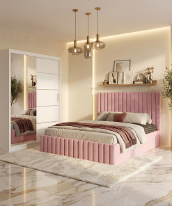 Dormitor Adela Roz Cu Pat Tapitat Dressing 150 Si 2 Noptiere