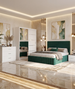 Dormitor Adela Verde Cu Pat Tapitat Dressing 150 Comoda Si 2 Noptiere