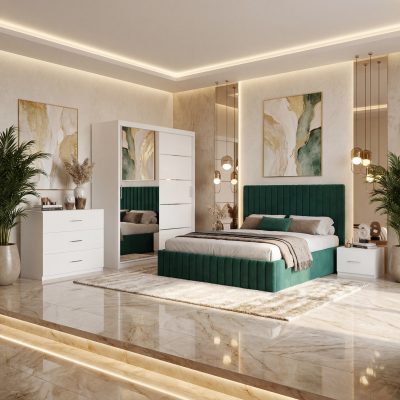 Dormitor Adela Verde Cu Pat Tapitat Dressing 150 Comoda Si 2 Noptiere